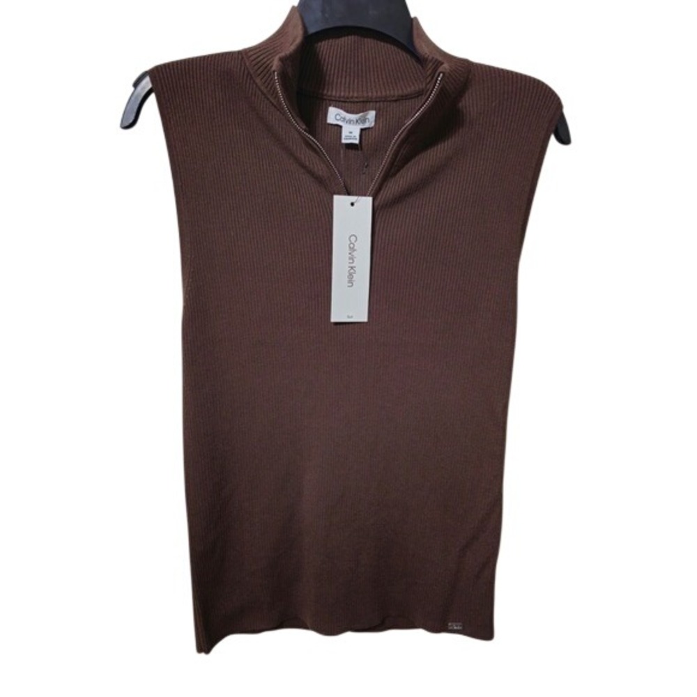 Calvin Klein Brown Ribbed Quarter Zip Sleeveless Shell Top Size M NWT